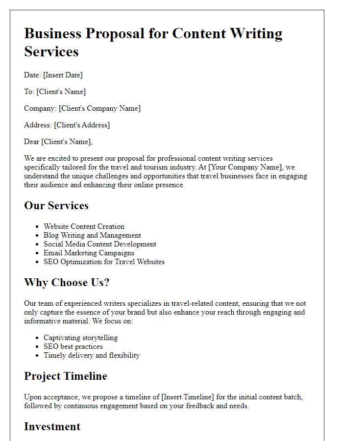 Letter template of a content writing business proposal for travel and tourism companies.