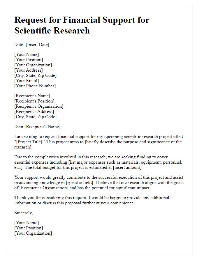 Letter template of financial support request for scientific business research