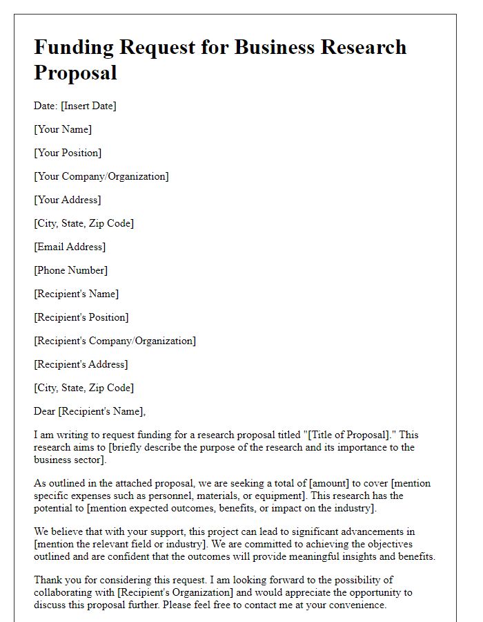 Letter template of funding request for business research proposal