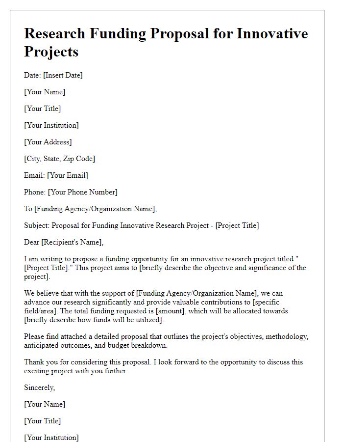 Letter template of research funding proposal for innovative projects