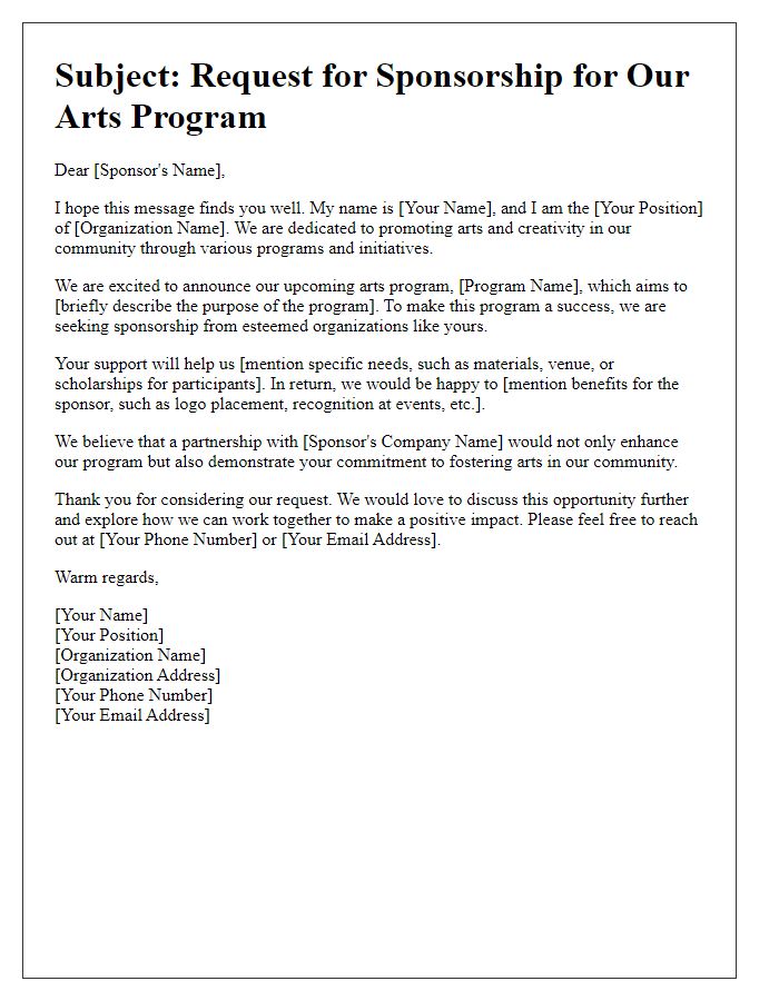 Letter template of arts program sponsorship request