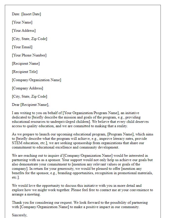 Letter template of educational program sponsorship inquiry