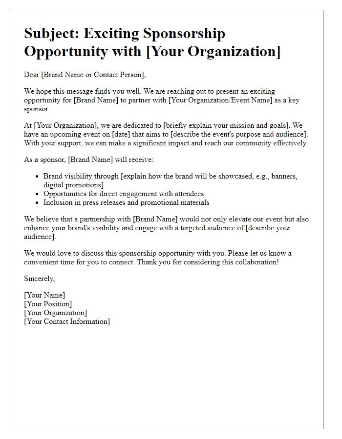 Letter template of sponsorship opportunity appeal for brands