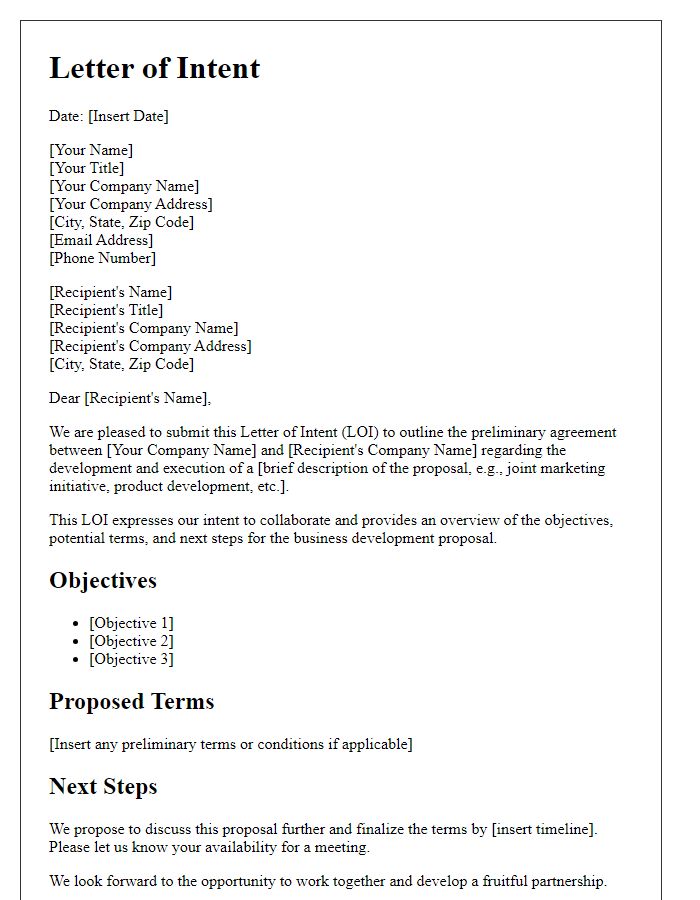 Letter template of Intent for Business Development Proposal