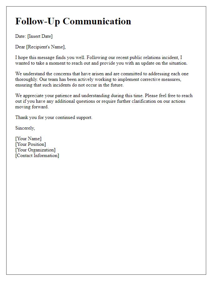 Letter template of follow-up communication post-public relations incident.