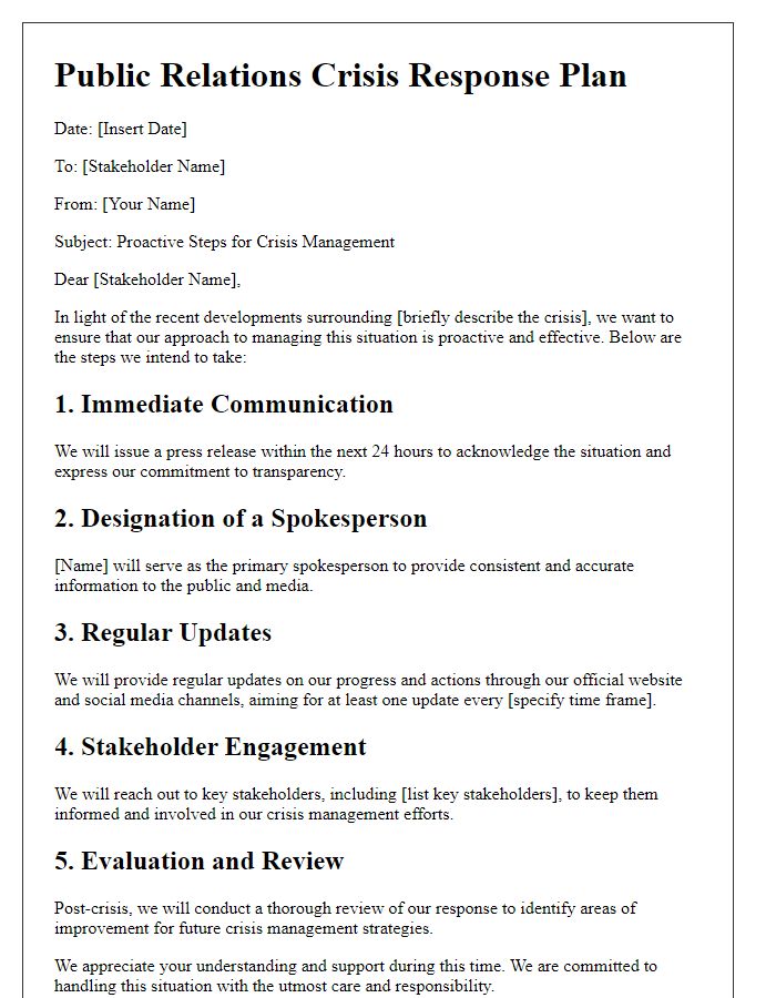 Letter template of proactive steps in public relations crisis handling.