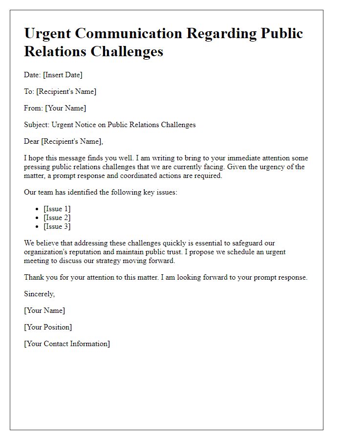 Letter template of urgent communication for public relations challenges.