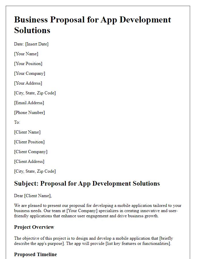 Letter template of technology business proposal for app development solutions.