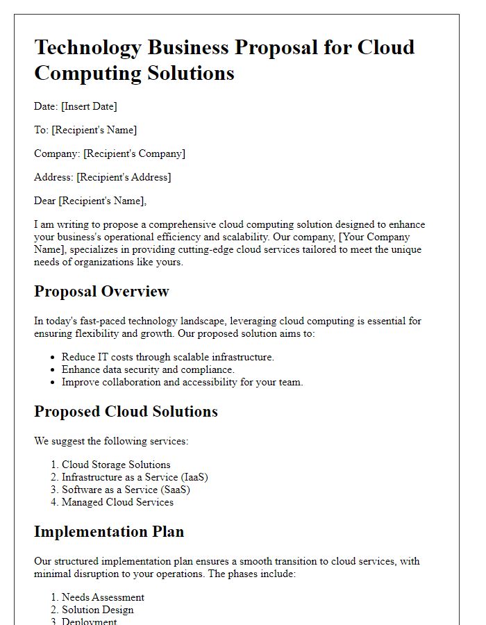 Letter template of technology business proposal for cloud computing solutions.