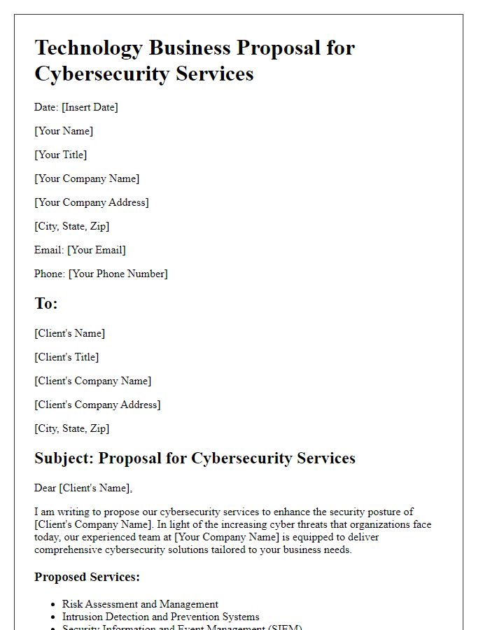 Letter template of technology business proposal for cybersecurity services.