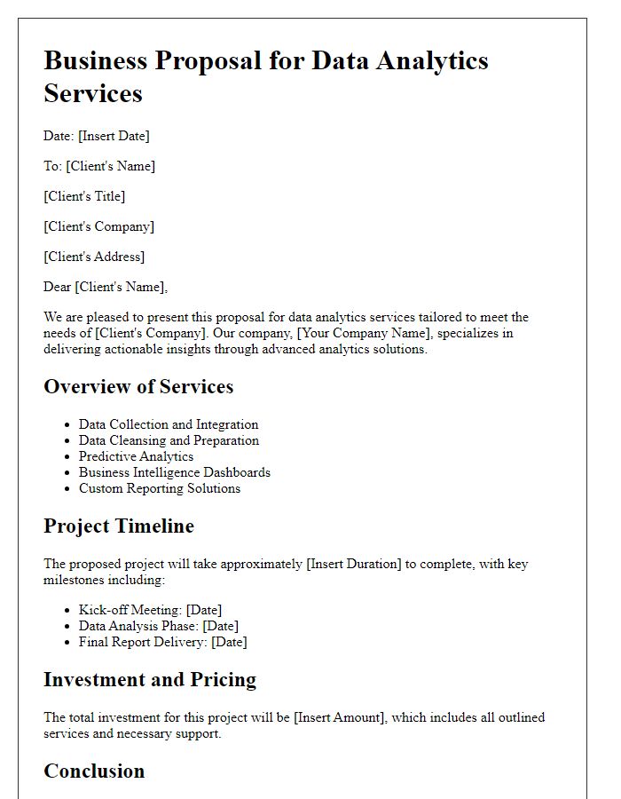 Letter template of technology business proposal for data analytics services.