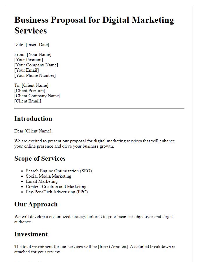 Letter template of technology business proposal for digital marketing services.