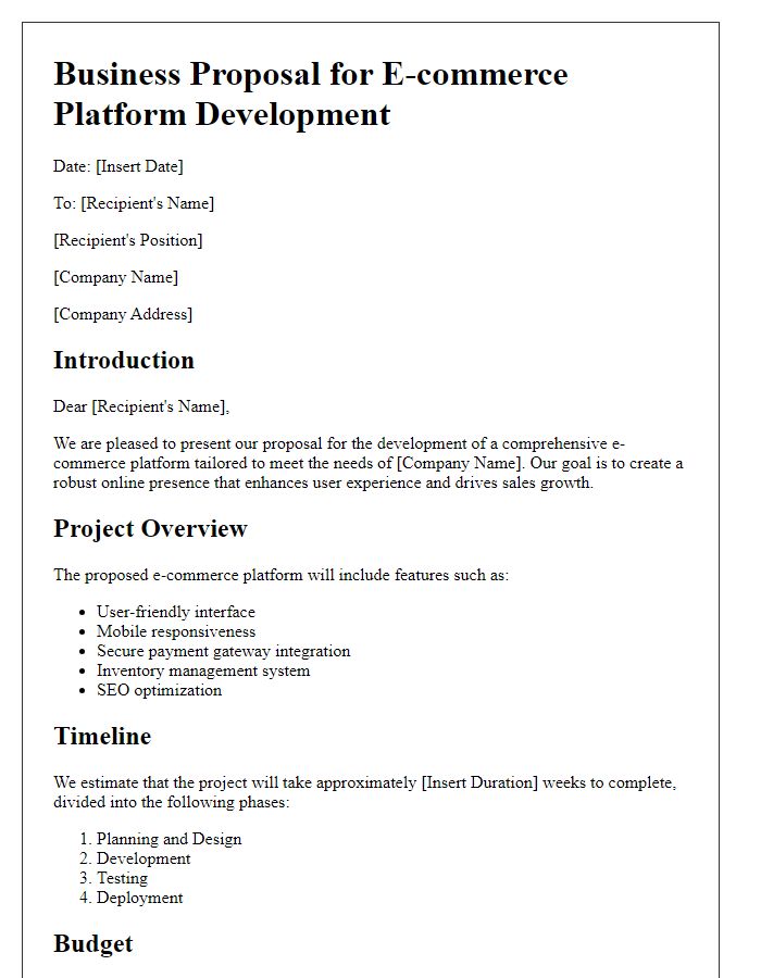 Letter template of technology business proposal for e-commerce platform development.