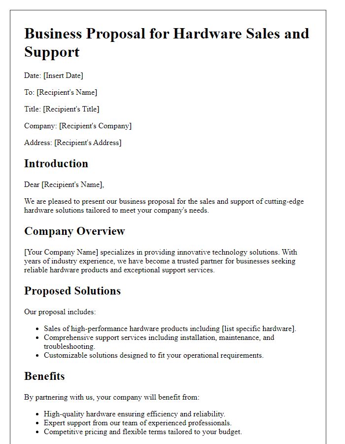 Letter template of technology business proposal for hardware sales and support.