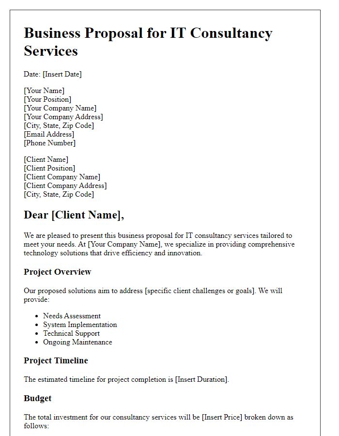 Letter template of technology business proposal for IT consultancy.