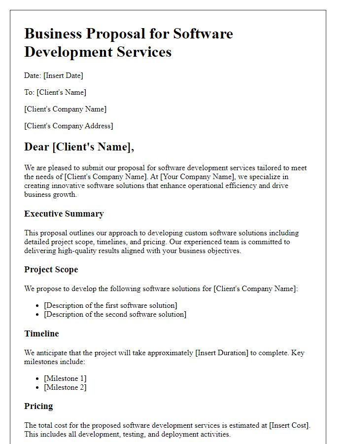 Letter template of technology business proposal for software development services.