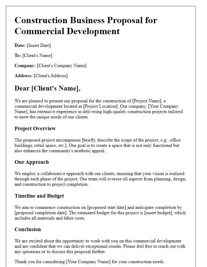 Letter template of construction business proposal for commercial developments