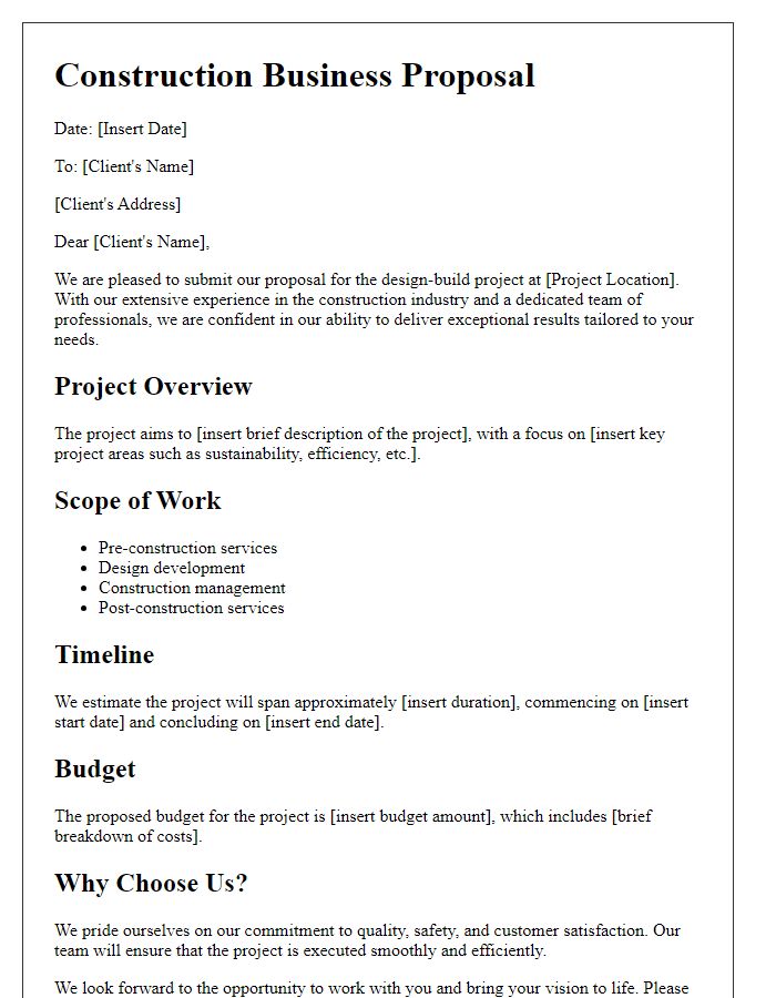 Letter template of construction business proposal for design-build projects