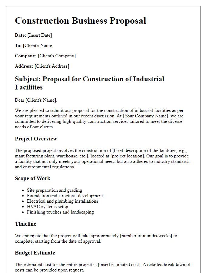 Letter template of construction business proposal for industrial facilities