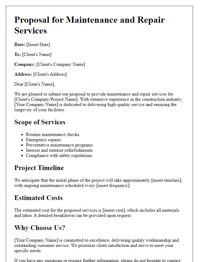 Letter template of construction business proposal for maintenance and repair services