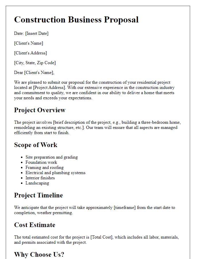 Letter template of construction business proposal for residential projects