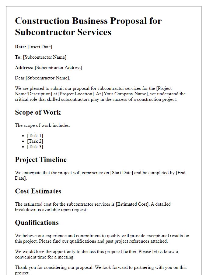 Letter template of construction business proposal for subcontractor services