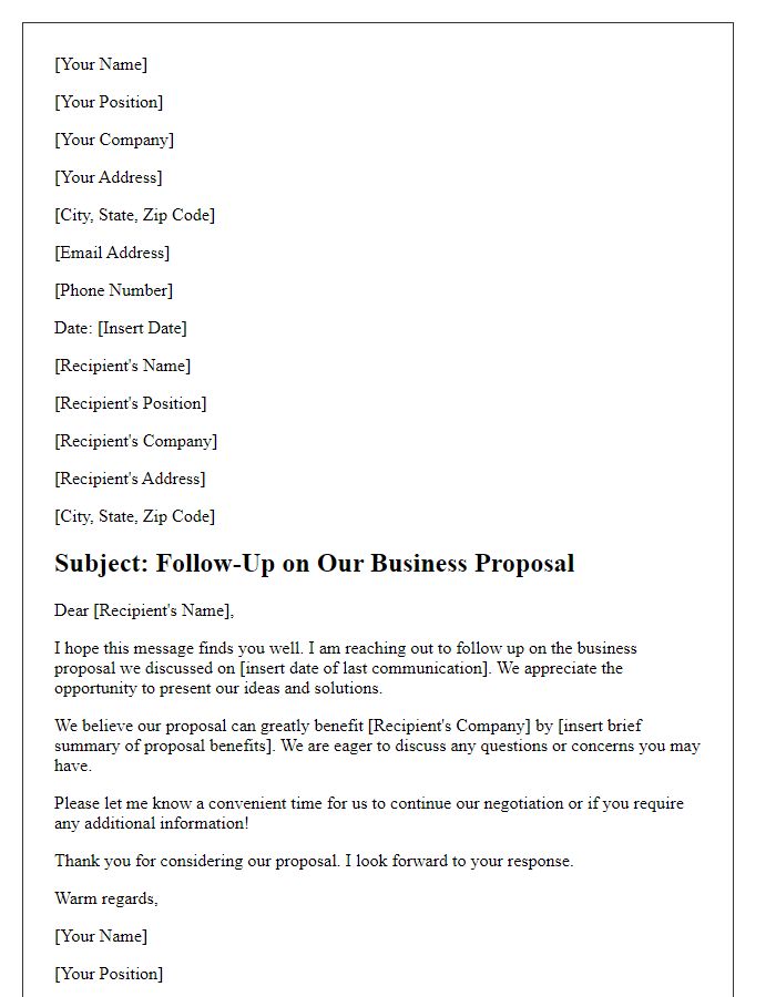 Letter template of business proposal follow-up negotiation.