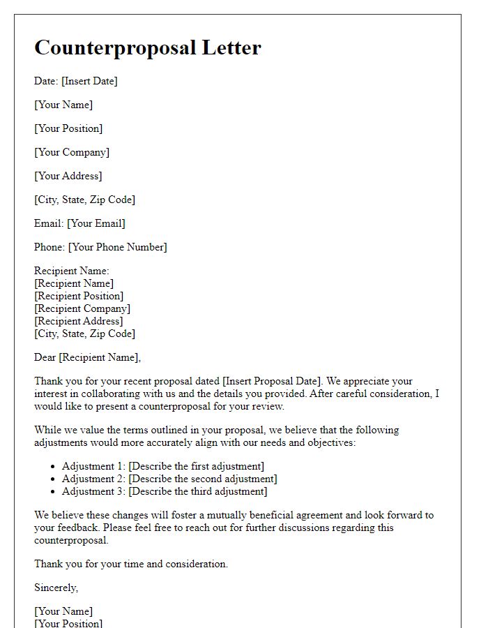 Letter template of counterproposal negotiation in business dealings.