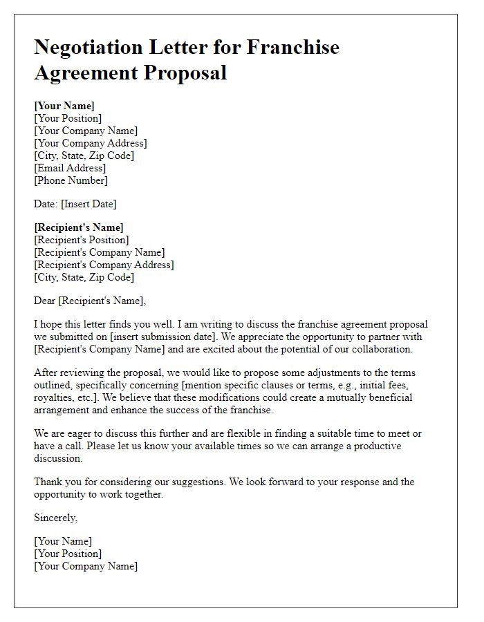 Letter template of negotiation letter for franchise agreement proposal.