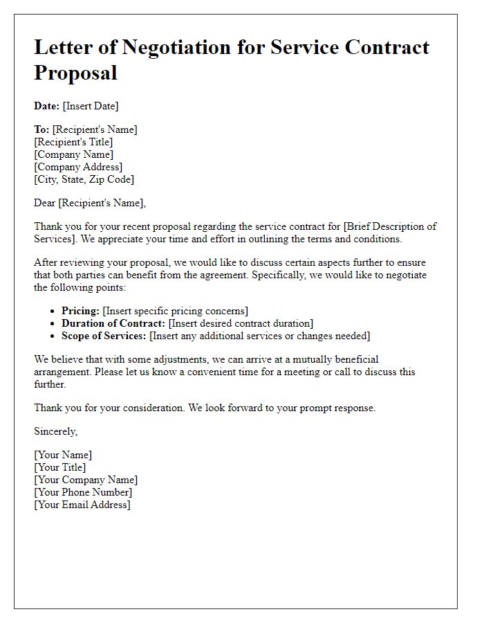 Letter template of negotiation for service contract proposal.