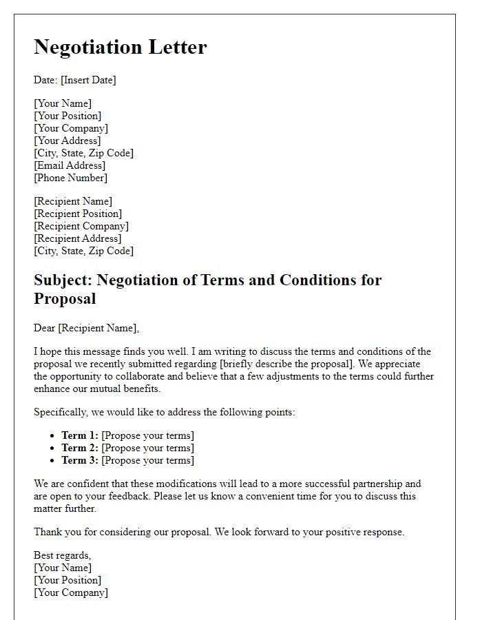 Letter template of negotiation for terms and conditions of a proposal.