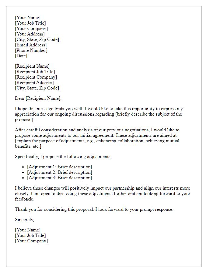 Letter template of proposal adjustment in business negotiations.