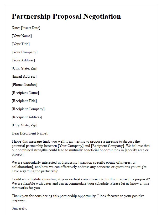 Letter template of proposal negotiation for partnership agreement.