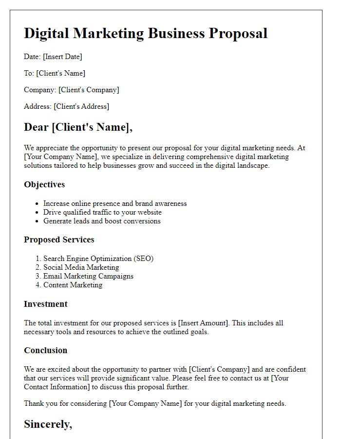 Letter template of a digital marketing business proposal