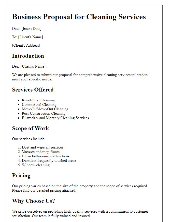 Letter template of comprehensive cleaning services business proposal