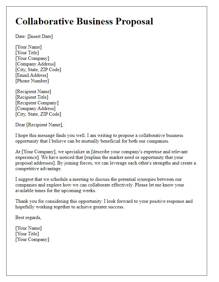 Letter template of a collaborative business proposal suggestion letter.