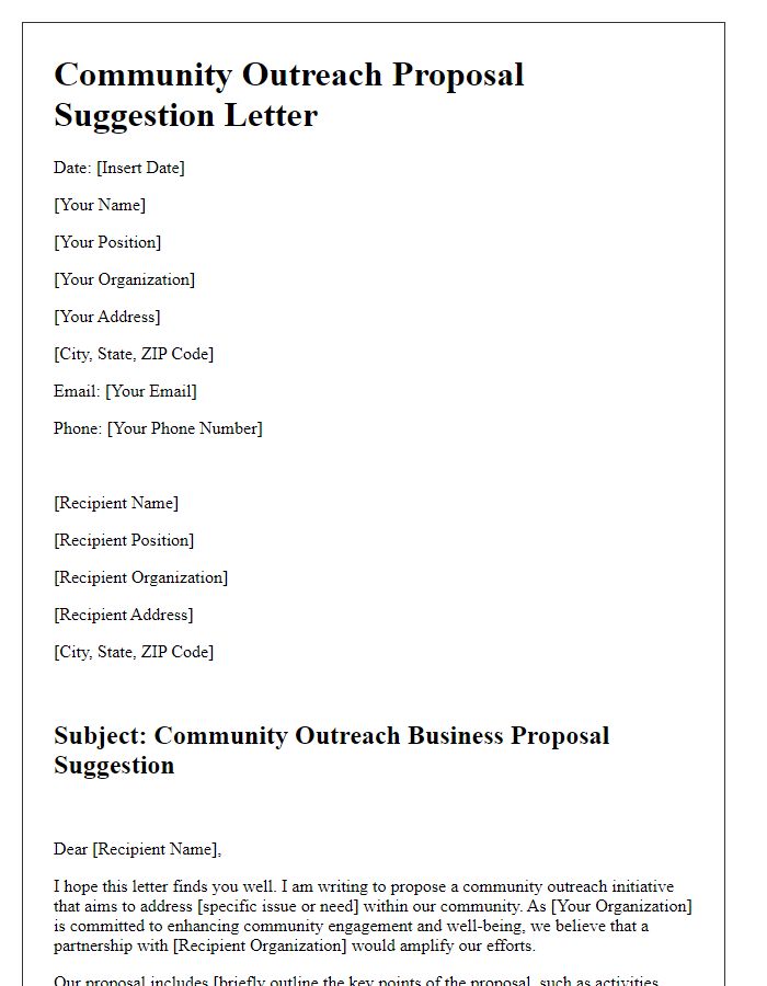 Letter template of a community outreach business proposal suggestion letter.