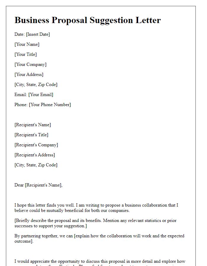 Letter template of a formal business proposal suggestion letter.