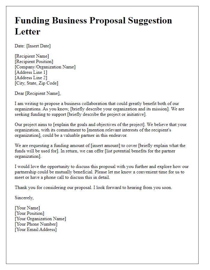 Letter template of a funding business proposal suggestion letter.