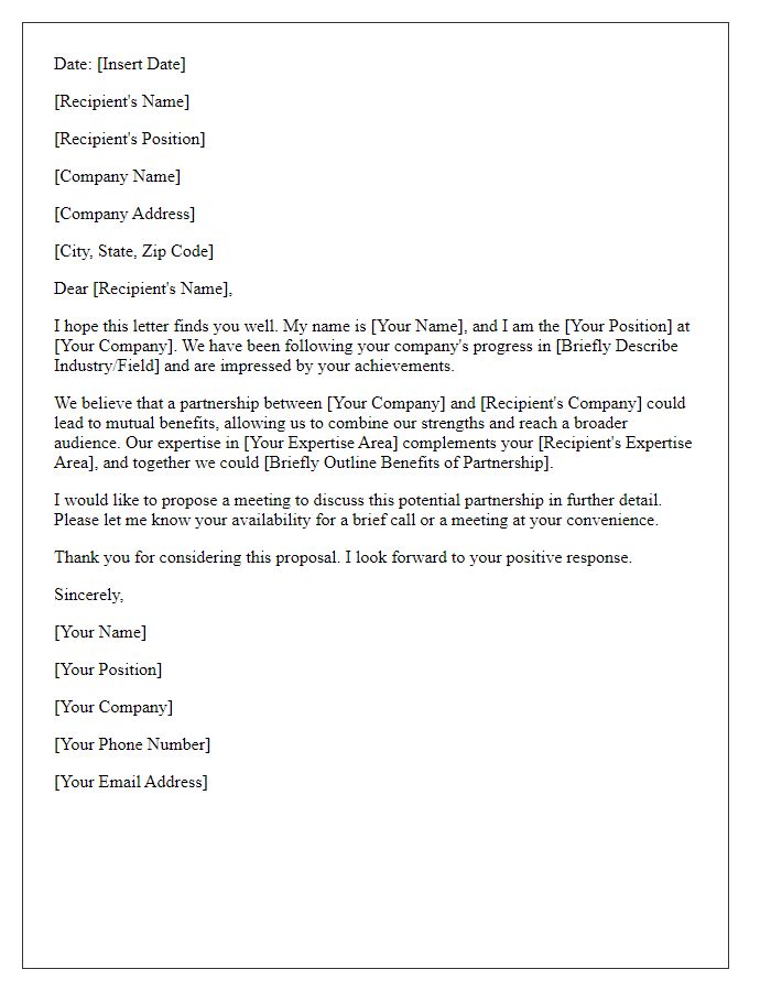 Letter template of a partnership business proposal suggestion letter.