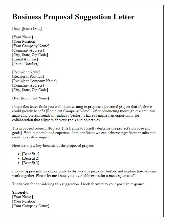 Letter template of a project-based business proposal suggestion letter.