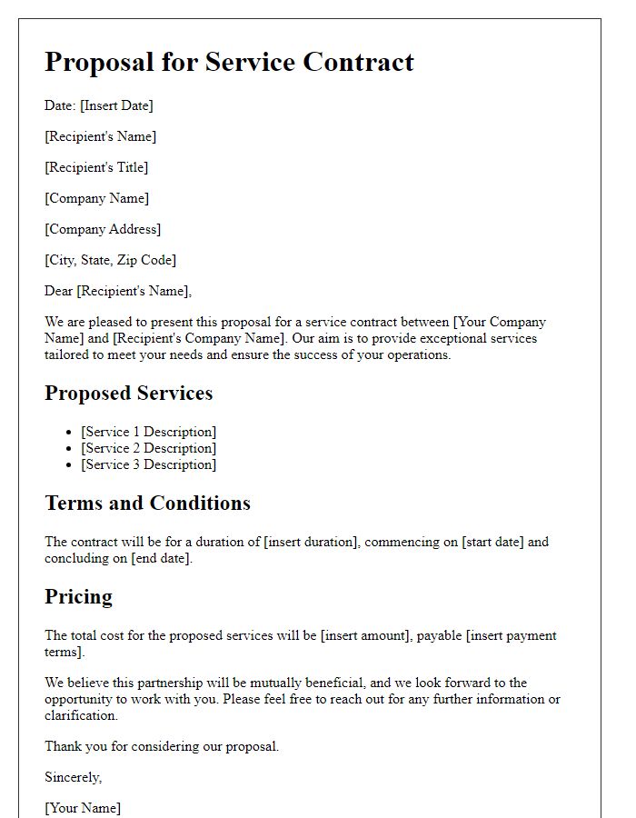 Letter template of a service contract business proposal suggestion letter.