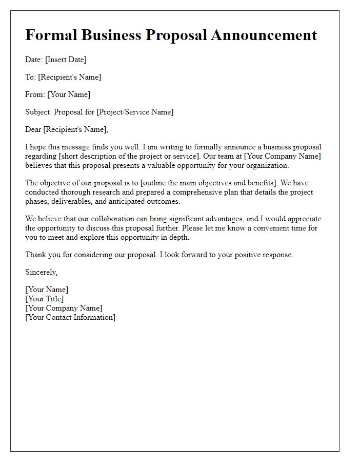 Letter template of formal business proposal announcement