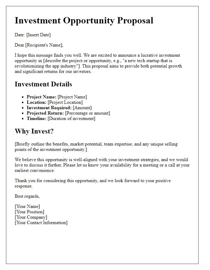 Letter template of investment opportunity proposal announcement