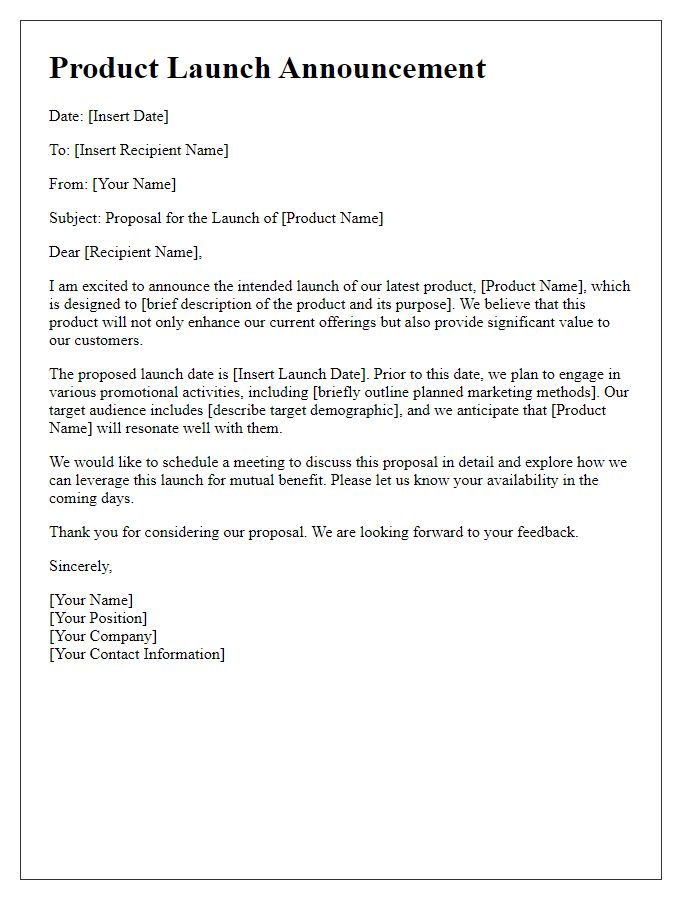 Letter template of product launch proposal announcement