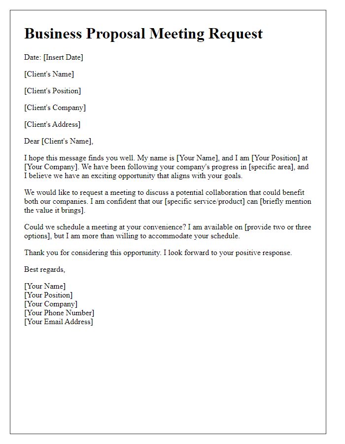 Letter template of business proposal for client meeting request