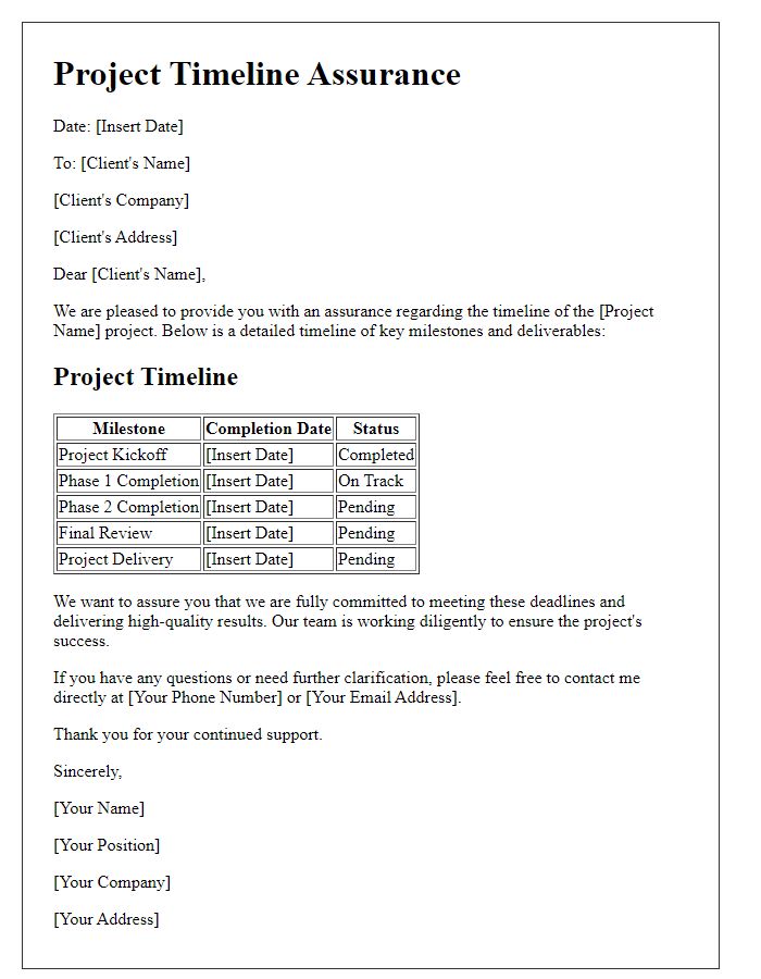 Letter template of client project timeline assurance