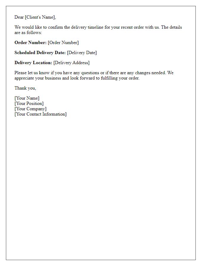 Letter template of confirmation for client's delivery timeline