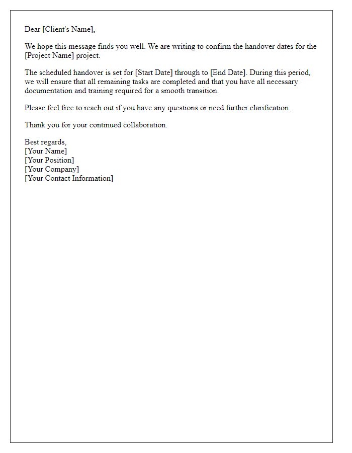 Letter template of confirming project handover dates for client