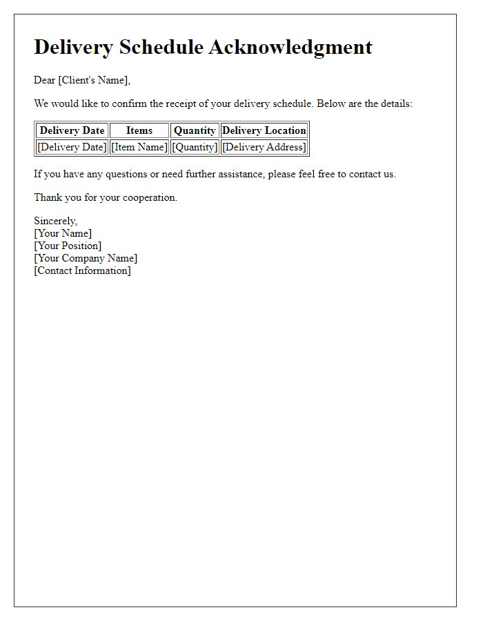 Letter template of delivery schedule acknowledgment for client